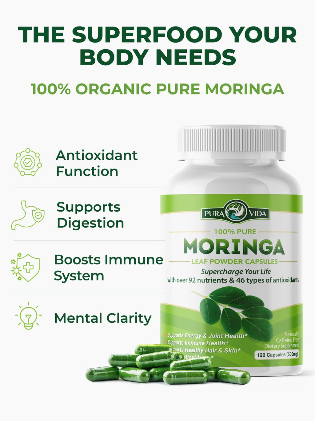 PURA VIDA MORINGA Organic Moringa Capsules, Pure Moringa Leaf Powder Single Origin for Energy, Metabolism & Immune Support