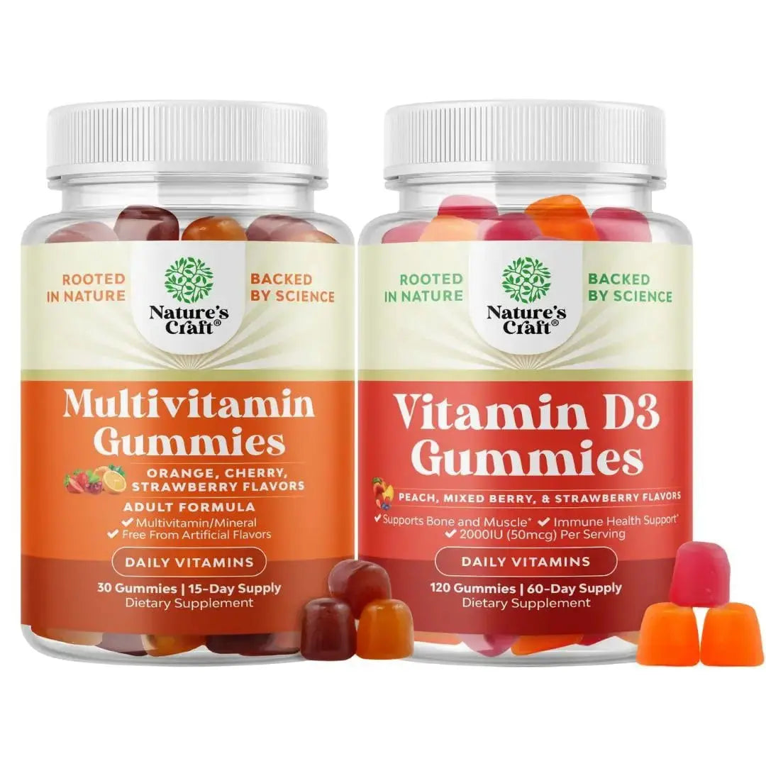 Bundle of Potent Daily Multivitamin Gummies - Wellness Blend of Vitamin D A C E B12 Zinc & Biotin for Energy & Immunity and Vitamin D3 Gummies Natures Craft Au supplements