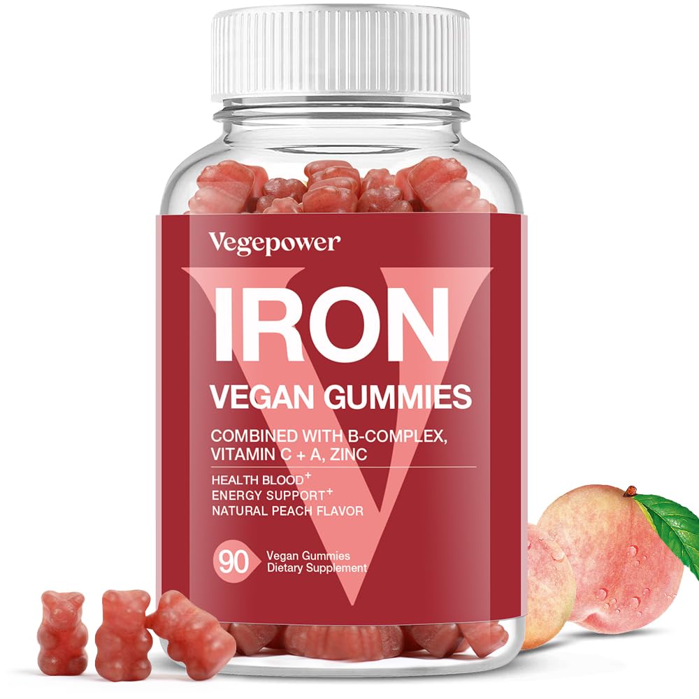 Vegan Iron Gummies Supplement - with Vitamin C, A, B-Complex, Folate, Zinc for Adults & Kids - Health Blood & Energy Support for Iron Deficiency,