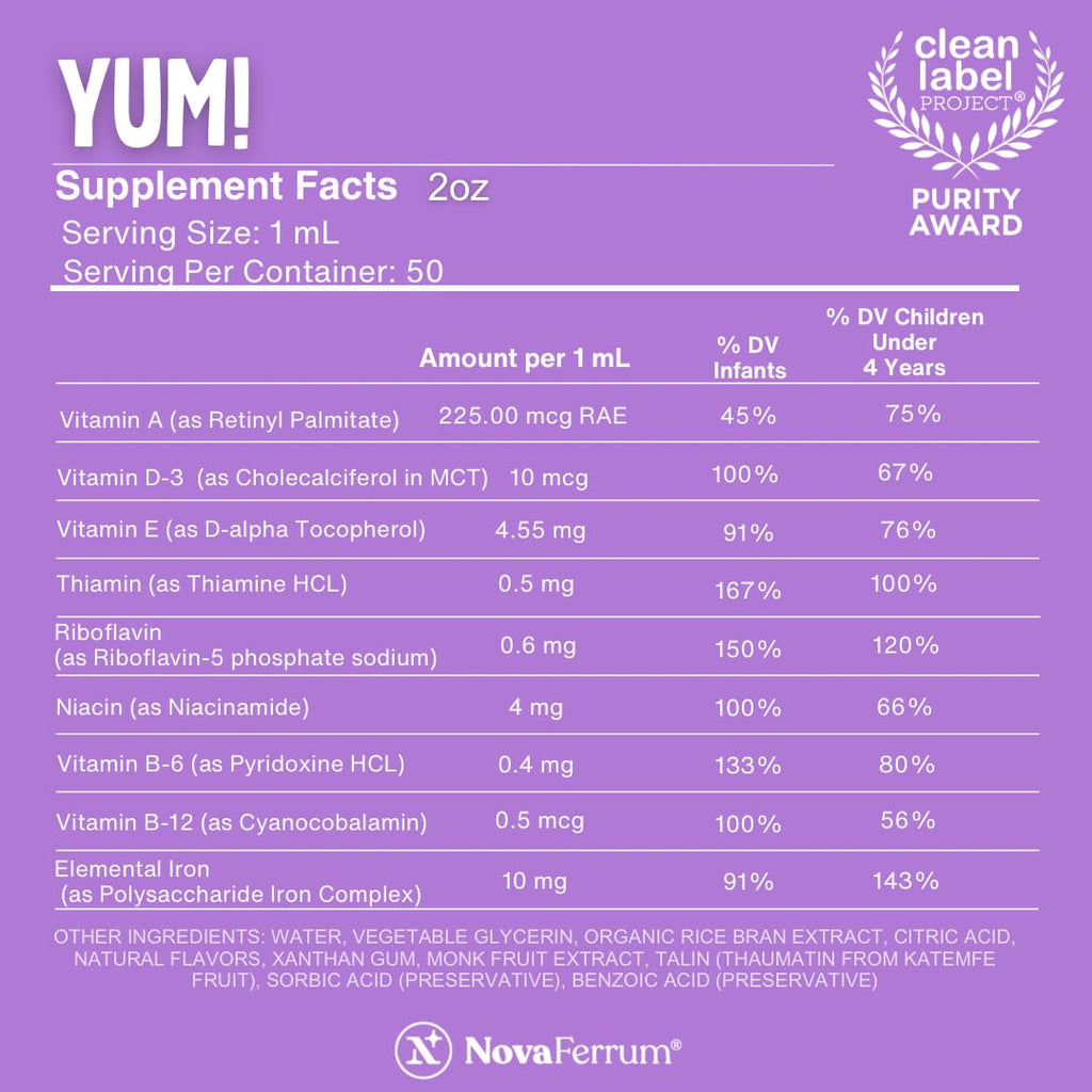 NovaFerrum Yum | Multivitamin with Iron for Infants, Toddlers & Kids Ages 4 & Under | Immune Support | Gluten Free Certified