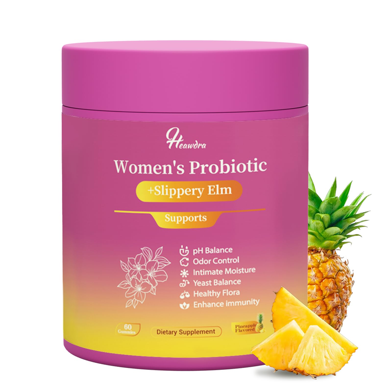 Her Juicy Women's Probiotic Gummies: Supports Women’s Wellness & pH Balance, Clean Vegan, Pineapple Flavor, Prebiotics & Lactobacillus Blend, with Slippery Elm, Gut Health & Immune Defense, 60 Gummies Heawdra Au supplements