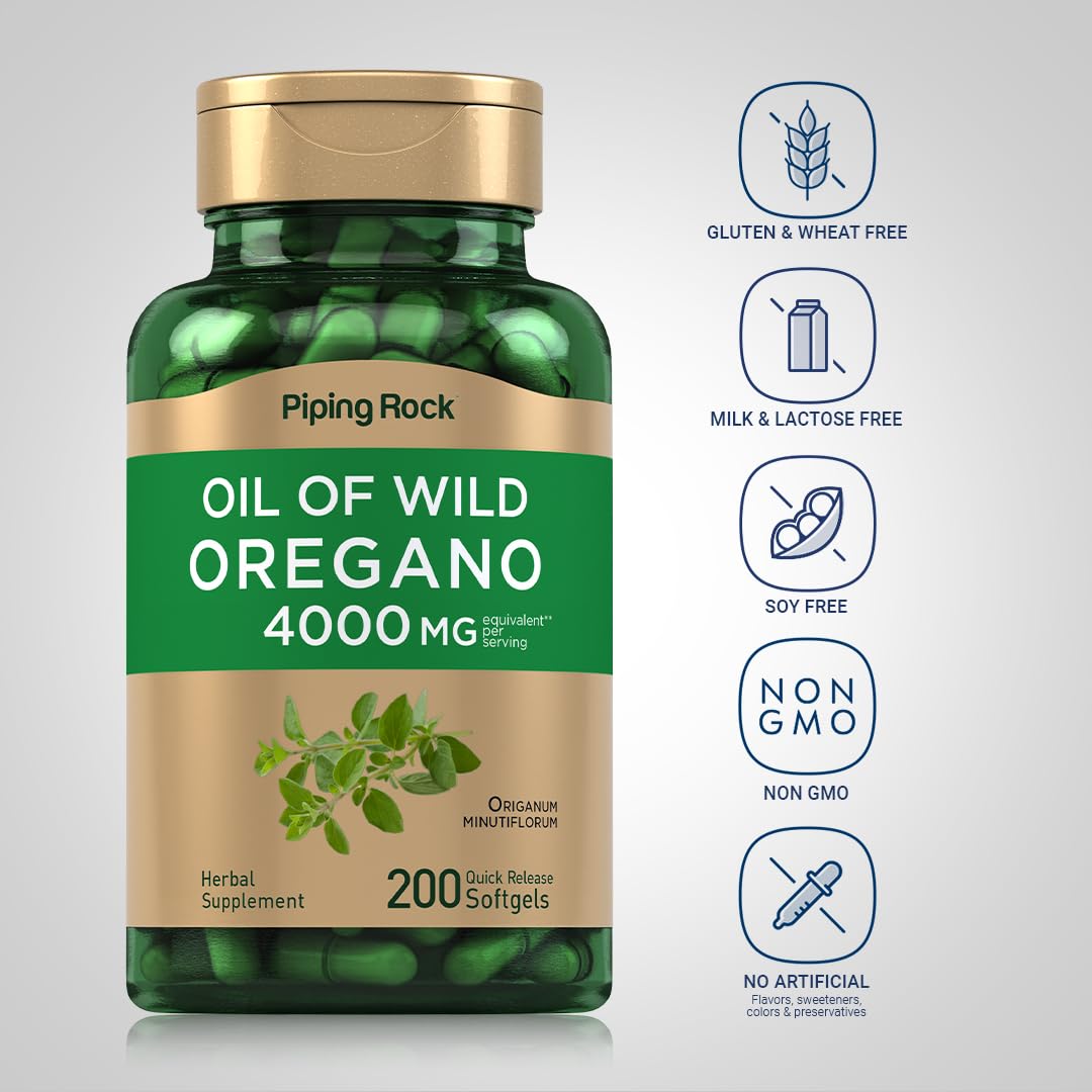 Piping Rock Oregano Oil Softgel Capsules | 200 Pills | Herbal Extract Supplement | Wild Harvested | Non-GMO, Gluten Free