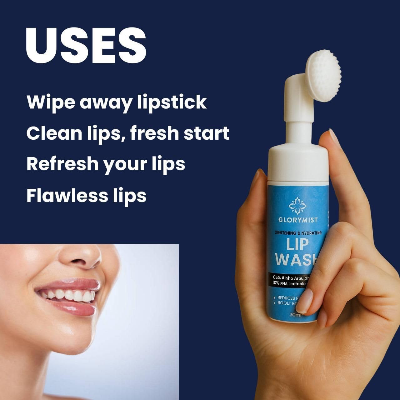 GloryMist All In One Lip Wash & Silicone Brush – Hydrating, Brightening & Exfoliating foaming Cleanser for Dry