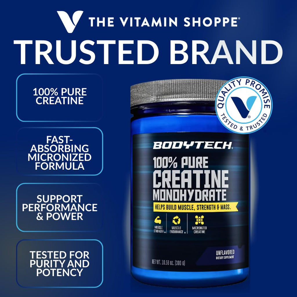 BodyTech Creatine Monohydrate Powder, Unflavored Micronized Creatine Formula for Men and Women, 5g per Serving, Pre Workout & Post Workout Supplement