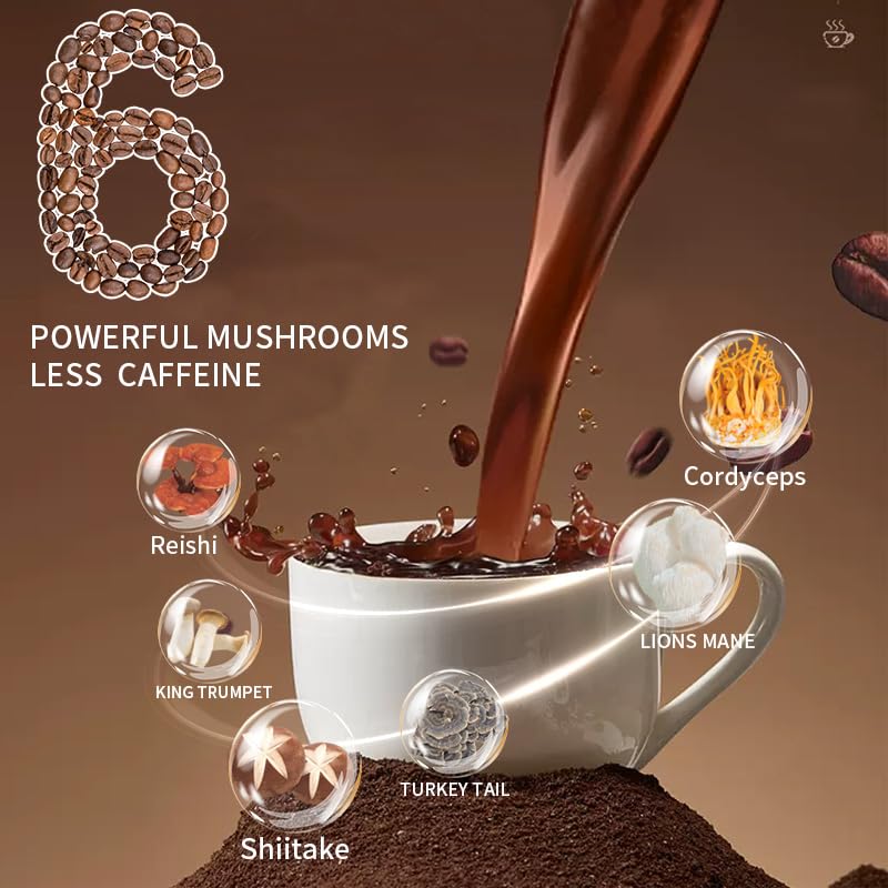Mushroom Coffee, Instant Mushroom Coffee with Cordyceps, Reishi, King Trumpet, Shiitake, Turkey Tail, Lions Mane for Energy