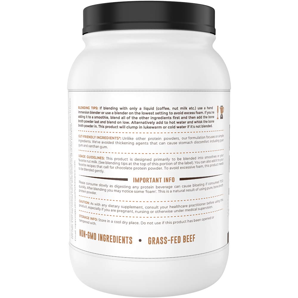 Chocolate Bone Broth Protein Powder - 100% Grass Fed Beef Bone Broth with 16g Protein & 13g Collagen per Serving - Great for Shakes & Hot Chocolate - Keto Friendly Low Carb