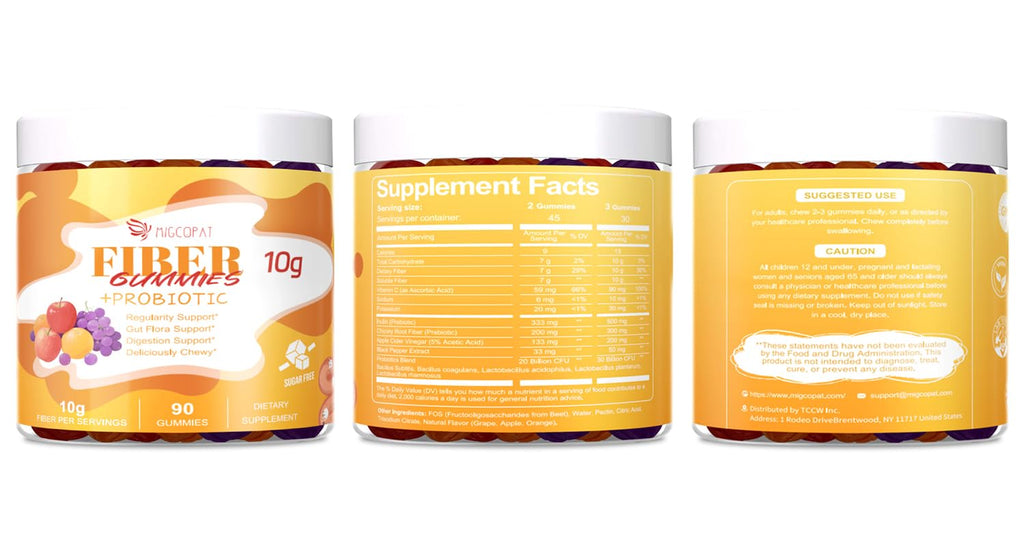 Migcopat 10G Fiber Gummies with Probiotics, Fiber Supplement with 30 Billion CFU Probiotics Blend, ACV, Vitamin C, Inulin - Support Digestive Health