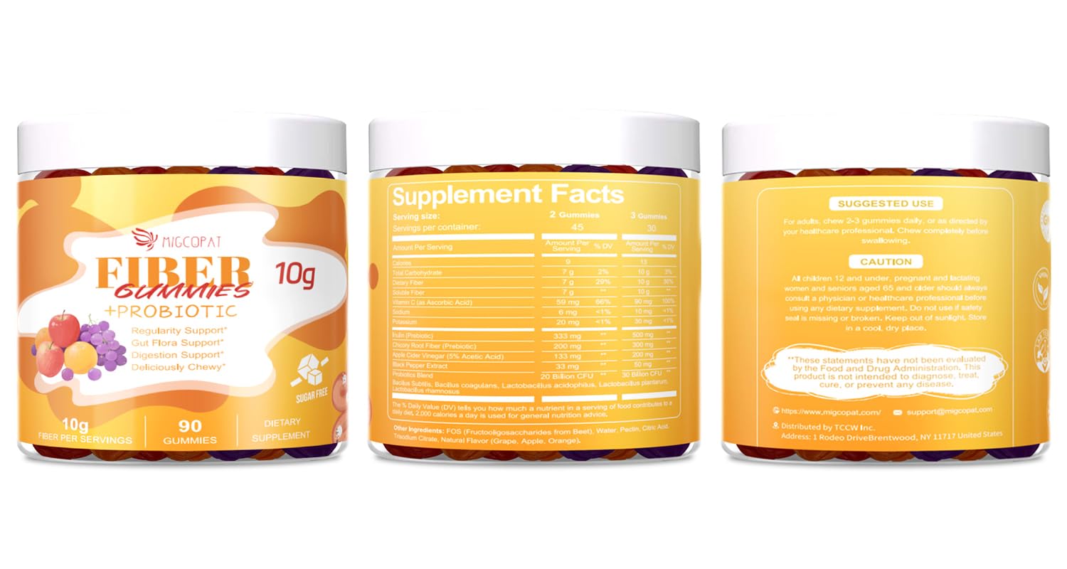 Migcopat 10G Fiber Gummies for Adults - Support Digestive Health - Fiber Supplement with 30 Billion CFU Probiotics Blend, ACV, Vitamin C, Inulin - No Sugar Added - Fruit Flavored - 180 Count