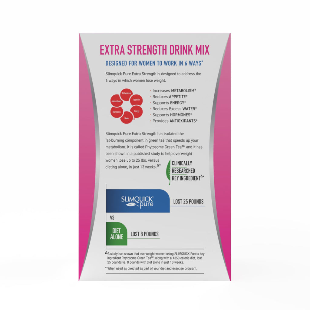 SlimQuick Pure 3X Extra Strength Drink Mix Packets, Metabolism & Weight Management for Women, Helps in Fat Breakdown, with Green Tea, Caffeine, Chaste Tree,