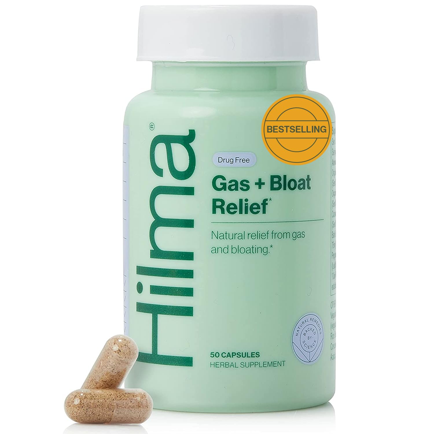 Hilma Natural Gas and Bloating Relief for Women, Doctor Formulated with Organic Ingredients, Lemon Balm, Fennel and Peppermint Leaf, 50 Vegan Capsules Hilma Au supplements