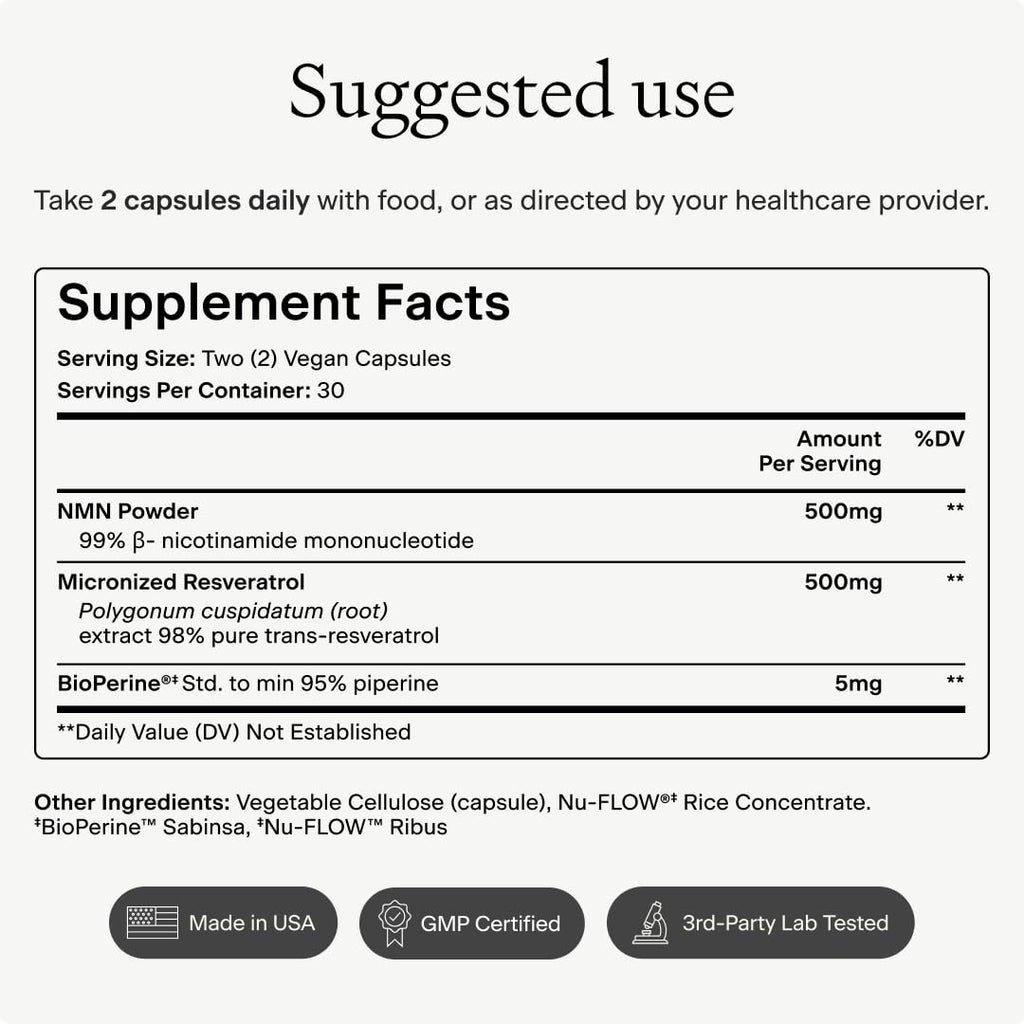 OMRE NMN + Resveratrol Supplement 99% Purity for Cellular Energy, NAD+ Boost | Highly Bioavailable Nicotinamide Mononucleotide Supplement Resveratrol 500mg & NMN 500mg, Made in USA, 60 Capsules OMRE Au supplements