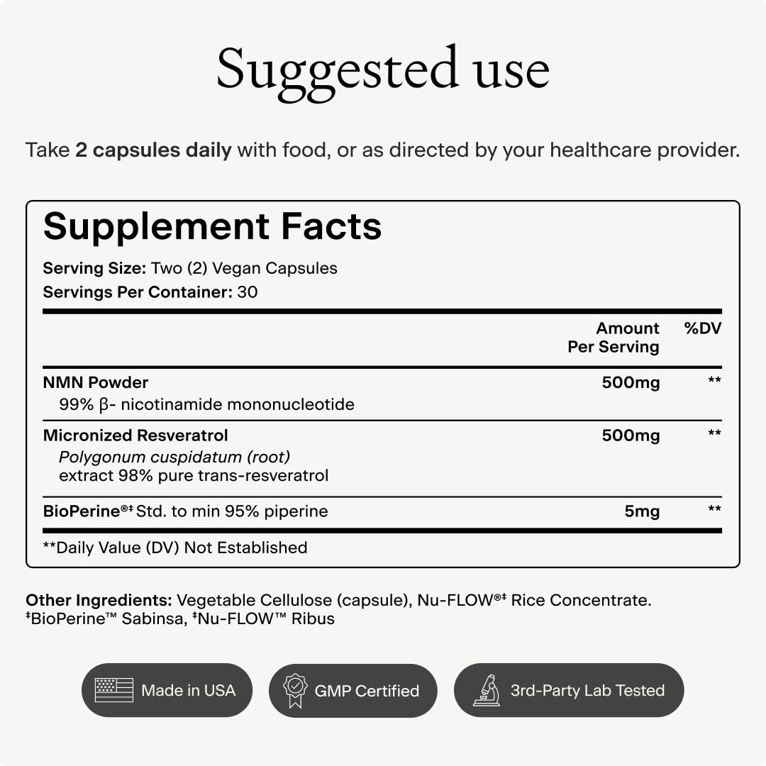 OMRE NMN + Resveratrol Supplement 99% Purity for Cellular Energy, NAD+ Boost | Highly Bioavailable Nicotinamide Mononucleotide Supplement Resveratrol 500mg & NMN 500mg, Made in USA, 60 Capsules OMRE Au supplements