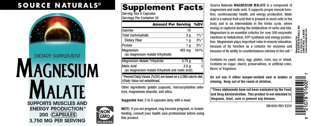 Source Naturals Magnesium Malate, Magnesium Malic Acid Supplement, Non GMO, 3750 MG Source Naturals Au supplements