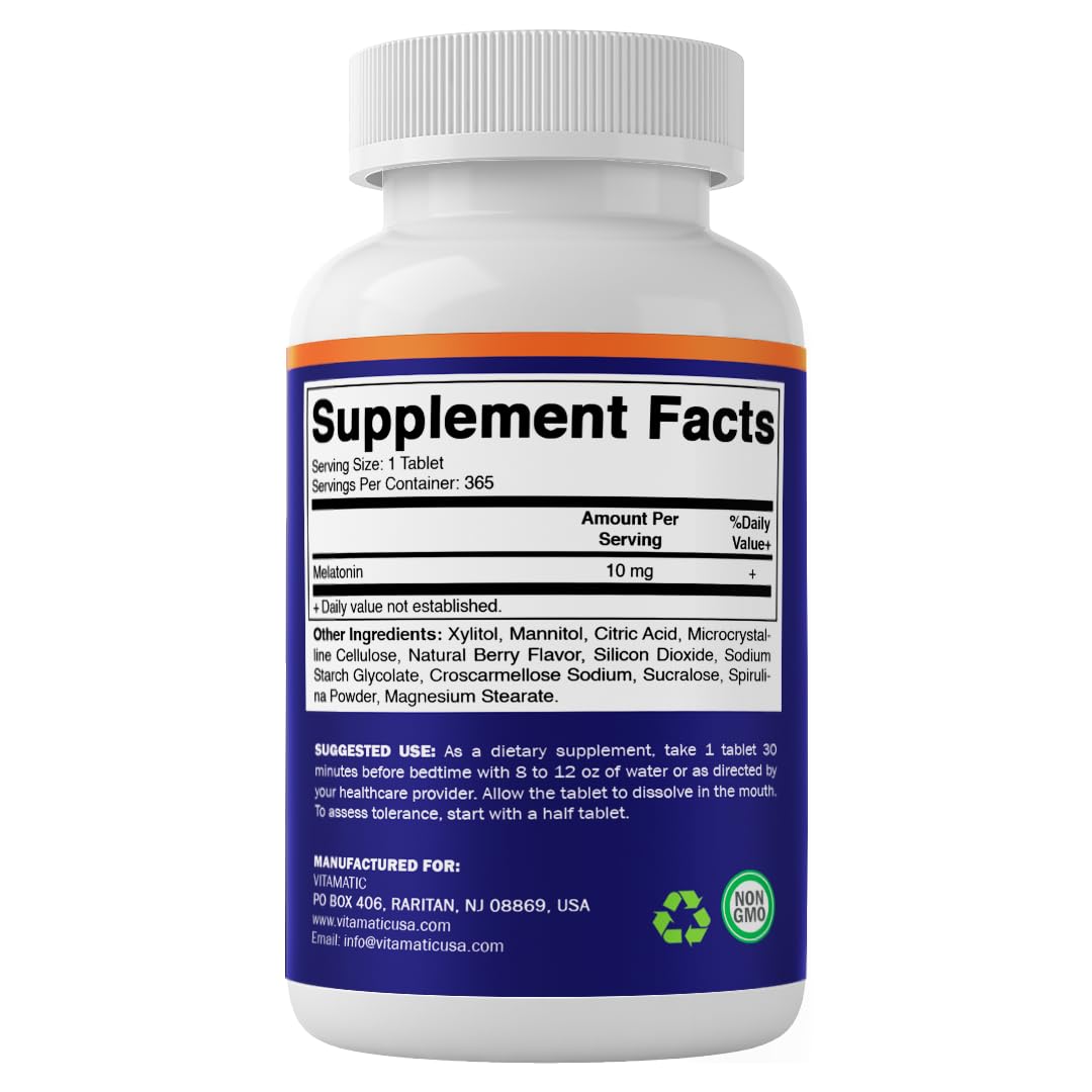Vitamatic Melatonin 10 mg Fast Dissolve Tablets – Quick-Dissolving Sleep Support Supplement for Adults – Vegetarian, Non-GMO & Gluten-Free