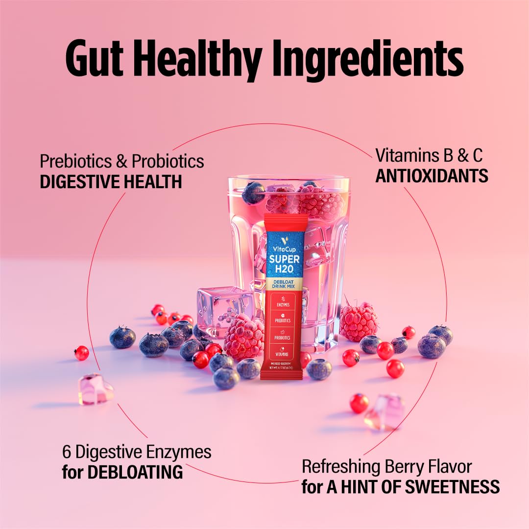 VitaCup Super H2O Bloating Relief and Digestive Health Drink Mix Packets, Probiotics, Prebiotics, C & B Vitamins, Mixed Berry Flavor Water Enhancer Packets, 16Ct VitaCup Au supplements
