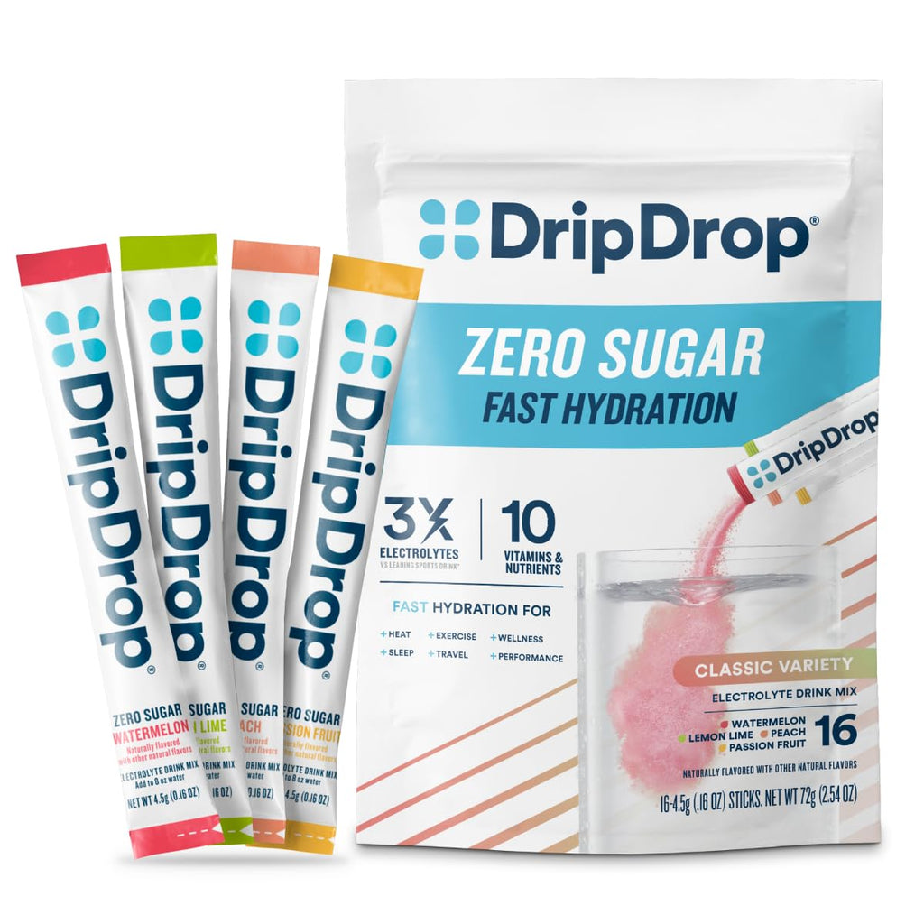 DripDrop Sugar Free Hydration Packets - Zero Classic Variety Pack - Single Serve Electrolytes Powder Drink Mix - Lemon Lime, Watermelon, Peach, Passion Fruit