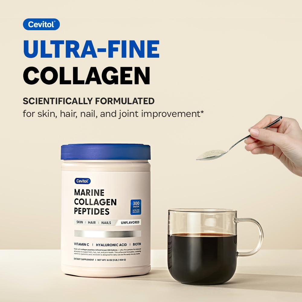 Cevitol Marine Collagen Peptides - Hydrolyzed Ultra-fine Collagen Powder for Women & Men, Hyaluronic Acid, Biotin, Vitamin C, for Skin, Hair, Nails, Joints