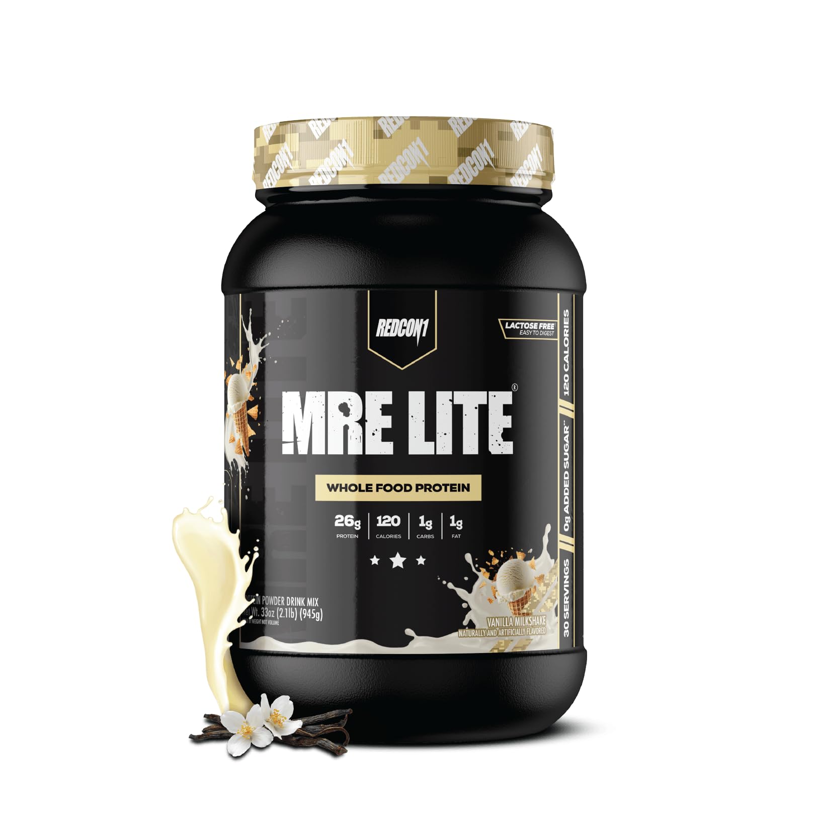 REDCON1 MRE LITE Whole Food Protein Powder, Vanilla Milkshake - Lactose Free & Sugar Free Meal Replacement with Animal Protein Blends - Easy to Digest Formula - Only 1g Carb per Serving (30 Servings)