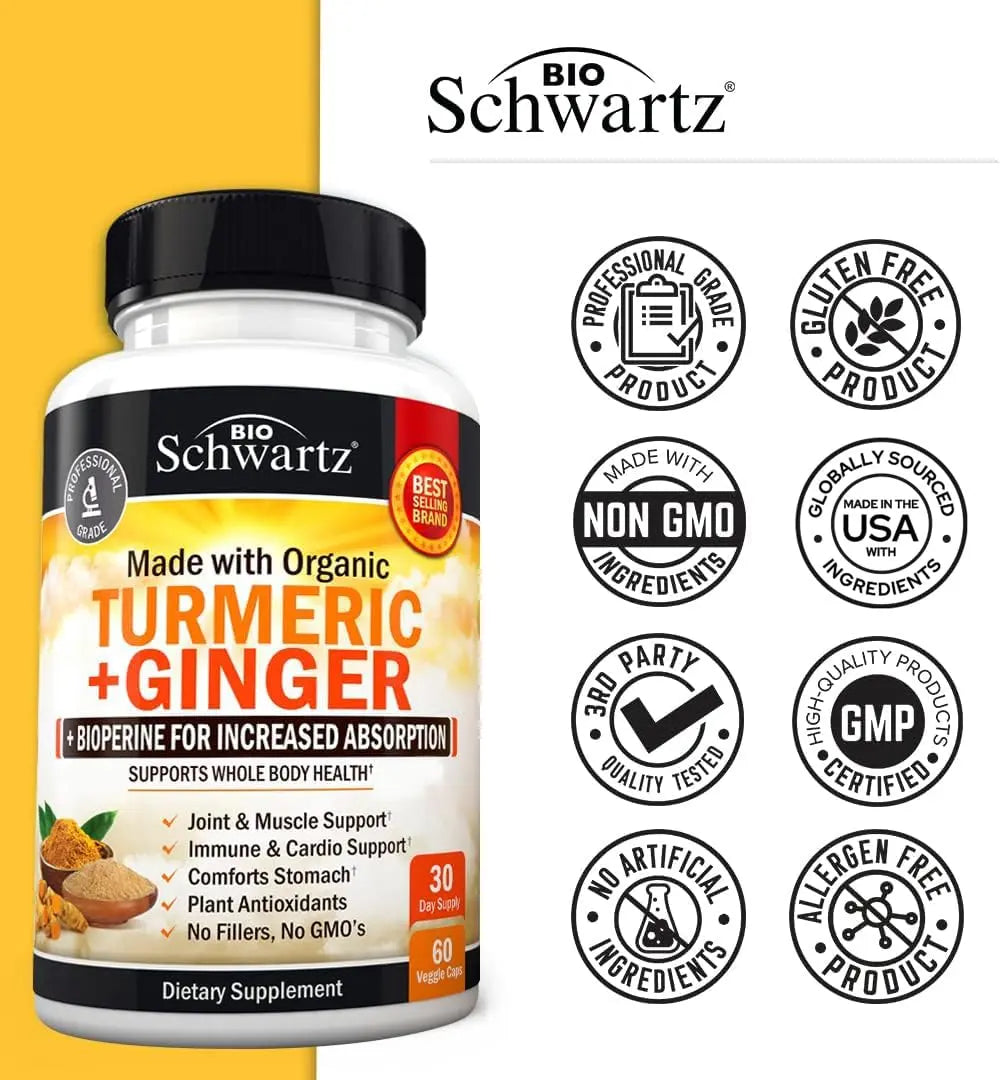 Organic Turmeric Curcumin and Ginger - 95% Standardized Curcuminoids with BioPerine BioSchwartz Au supplements