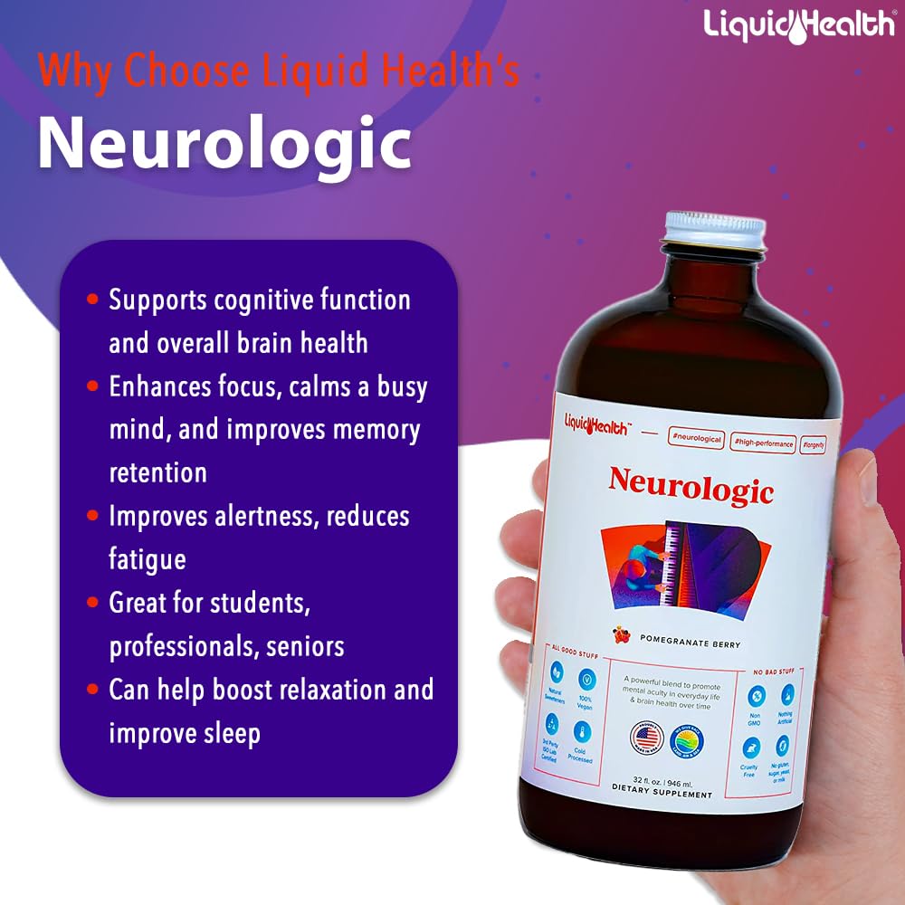LIQUIDHEALTH Neurologic Focus Supplement - Brain Booster Nootropic Supplement for Cognitive Function, Memory & Focus with Ginkgo Biloba, Choline, L-Theanine & Phosphatidylserine - USA Made (32 oz) LIQUIDHEALTH Au supplements