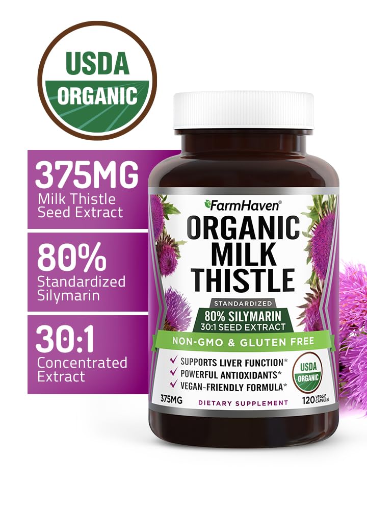 FarmHaven USDA Organic Milk Thistle Capsules | 30X Concentrated Seed Extract & 80% Silymarin Standardized - Supports Liver Function and Overall Health