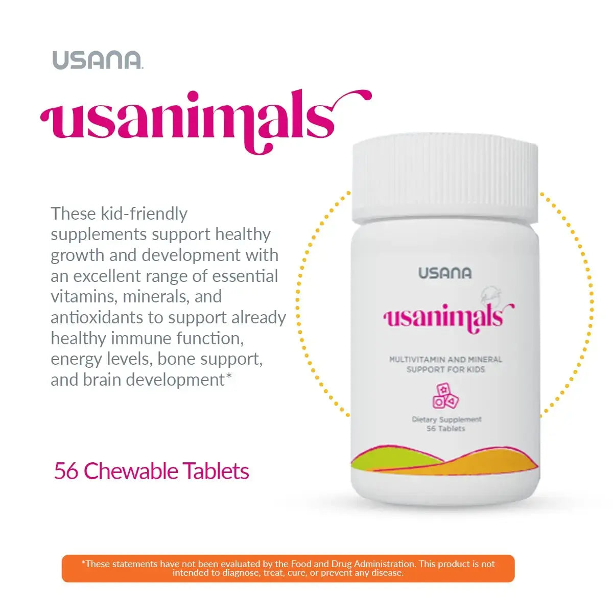 USANA Usanimals Multivitamin for Kids - Daily Chewable Tablets with Vitamins A, C, D, E, B6, B12, Zinc, Iron - Supports Immune, Bone & Brain Health USANA Au supplements