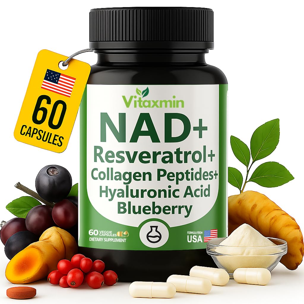 vitaxmin NAD Resveratrol Supplement 200mg with Berberine NAC Collagen - Nicotinamide Riboside NMN NADH CoQ10 Biotin Hyaluronic Acid - Hair Skin Nails Supplement - 60 Capsules vitaxmin Au supplements
