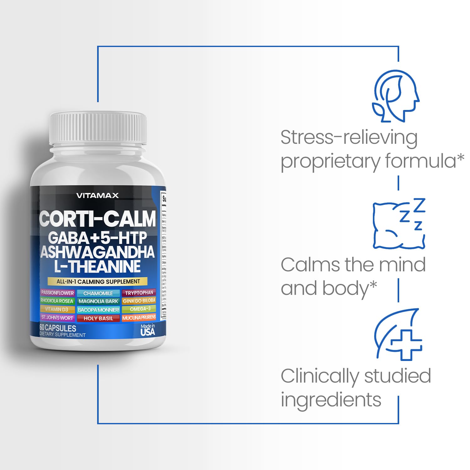 Corti-Calm Cortisol Supplement, L Theanine, Ashwagandha, Vitamin D 3, GABA for Relaxation, Fatigue & Focus with Ginkgo Biloba, Bacopa Monnieri, 5-HTP – Non-GMO, Made in USA – 60ct Vitamax Au supplements