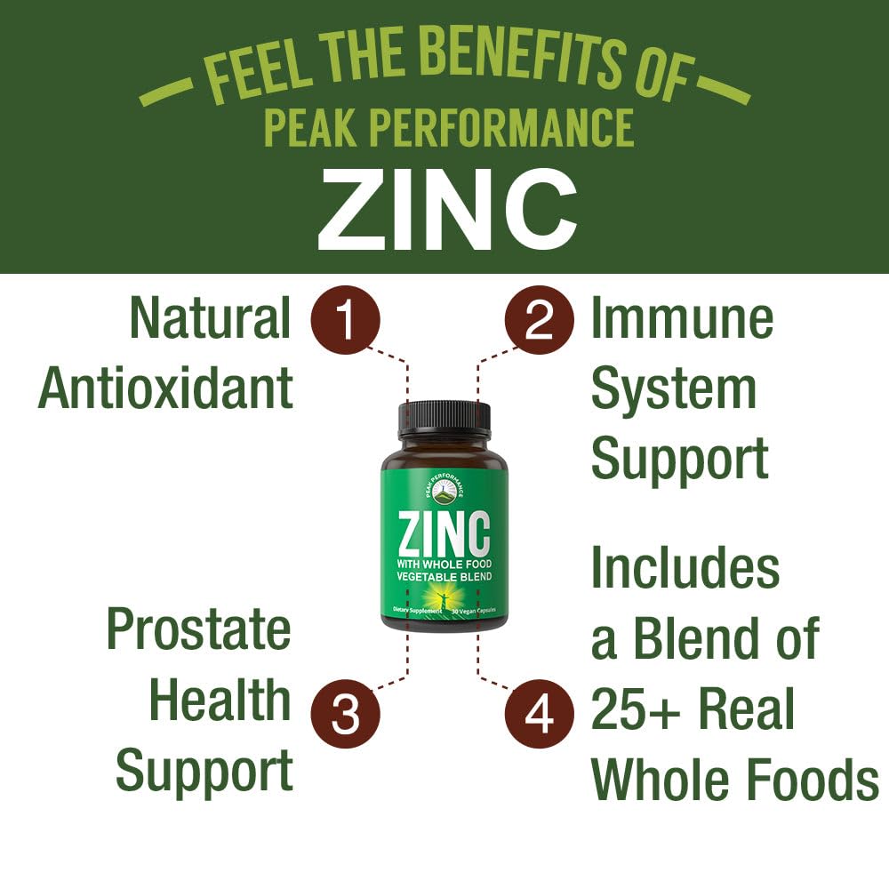 Vegan Zinc Supplement with Vitamin C + Whole Food Blend of 25 Vegetables and Fruits for Max Absorption. Zinc Supplements 30mg Capsules, Pills, Tablets, Vitamins for Adults Both Men and Women Peak Performance Au supplements