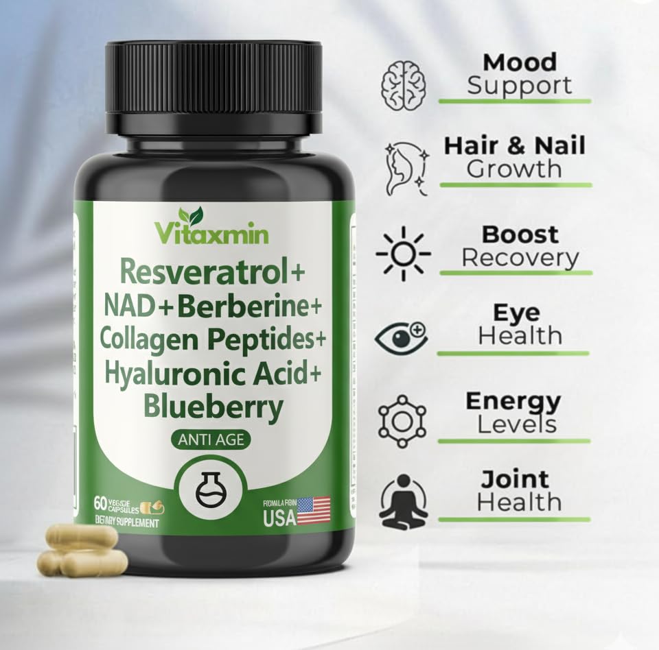 vitaxmin NAD Resveratrol Supplement 200mg with Berberine NAC Collagen - Nicotinamide Riboside NMN NADH CoQ10 Biotin Hyaluronic Acid - Hair Skin Nails Supplement - 60 Capsules vitaxmin Au supplements