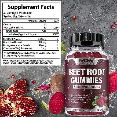 Beet Root Gummies with CoQ10, Energy, and Circulation Support, Pre Workout Nitric Oxide MDA Supplements Au supplements