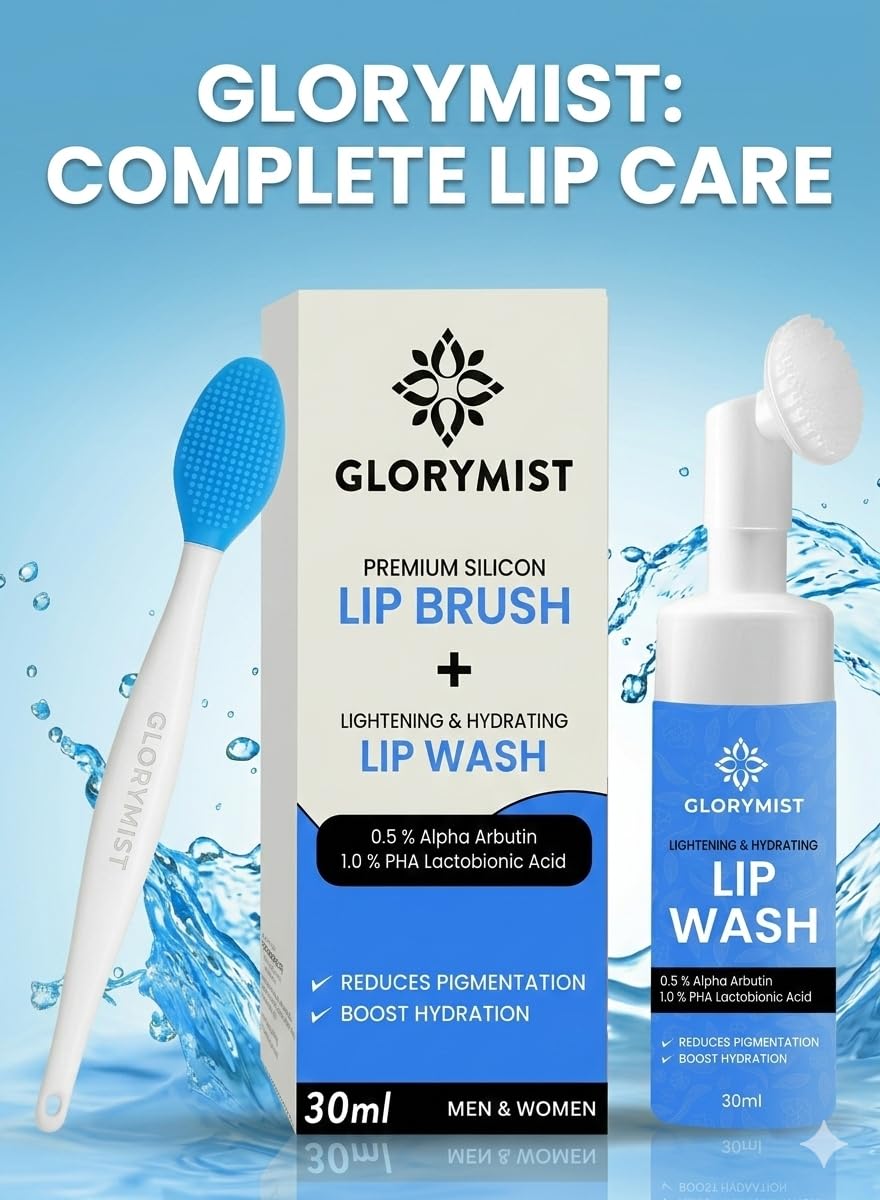 GloryMist All In One Lip Wash & Silicone Brush – Hydrating, Brightening & Exfoliating foaming Cleanser for Dry