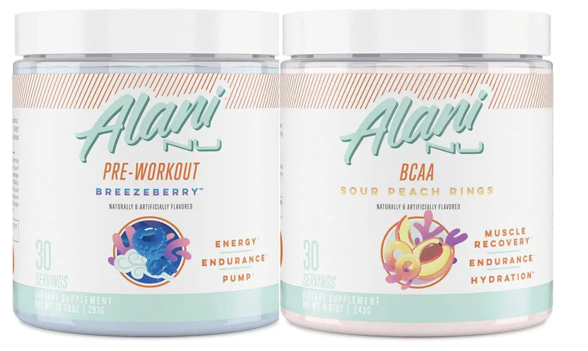 Alani Nu Breezeberry Pre Workout and BCAA Sour Peach Rings Post Workout Powder Alani Nu Au supplements