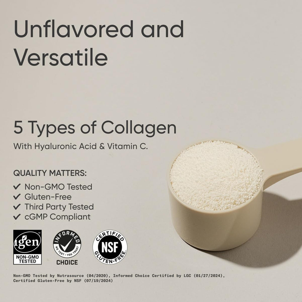 Sports Research Multi Collagen Protein Powder (Type I, II, III, V, X) with Hyaluronic Acid + Vitamin C | 5 Types of Food Based Collagen