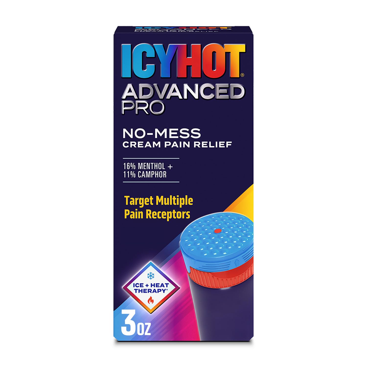 Icy Hot Advanced PRO Pain Relief No-Mess Cream with Massaging Applicator, Max Strength Pain Relief with Menthol 16% and Camphor 11% for Backaches, Joints, Muscle Strains and Arthritis, 3 oz Icy Hot Au supplements