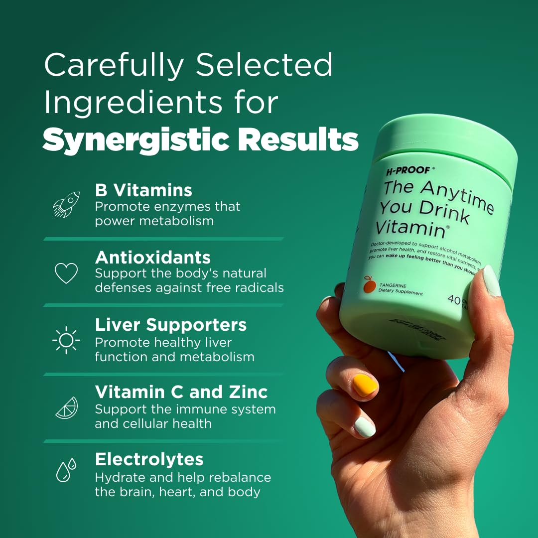 H-PROOF The Anytime You Drink Vitamin, Liver Health & Immunity Support with Electrolytes, Milk Thistle, and Vitamins B & C - 40 Chewable Tablets