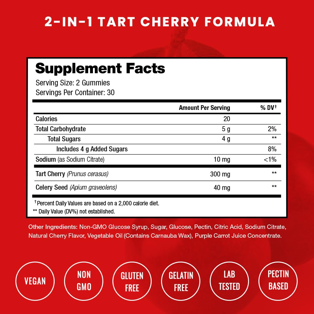 NutraChamps Tart Cherry Gummies - Tart Cherry Extract with Celery Seed - 60 Vegan Gummies (2-Pack)