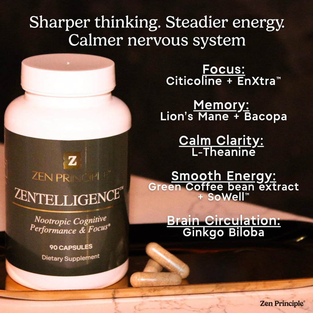 Zen Principle Zentelligence™ Focus Nootropic Supplement for Students & Professionals | Energy, Memory & Stress Support | Jitter-Free Formula with L-Theanine, Ginkgo Biloba, Huperzine A. 90 Capsules Zen Principle Au supplements