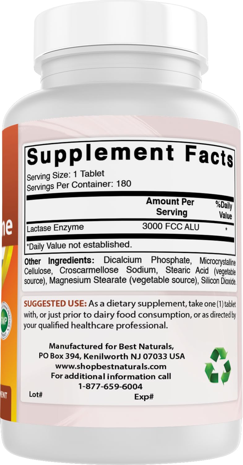 Best Naturals Fast Acting Lactase Enzyme Tablet, 3000 Fcc Alu, 180 Count