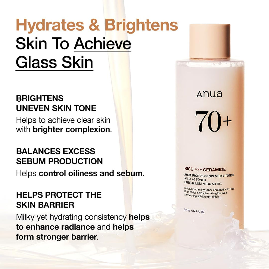 Anua Rice 70 Glow Milky Toner, Glass & Dewy Skin, Hydrating & Barrier Care, Rice Water