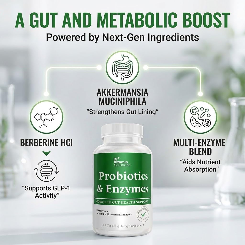 GLP-1 Support Enzymes, Pre & Probiotics for Digestive Health, Berberine Weight Loss Support, Akkermansia Muciniphila for Women & Men | Gut Health, Bloating Relief, 30 Ct DR VITAMIN SOLUTIONS Au supplements