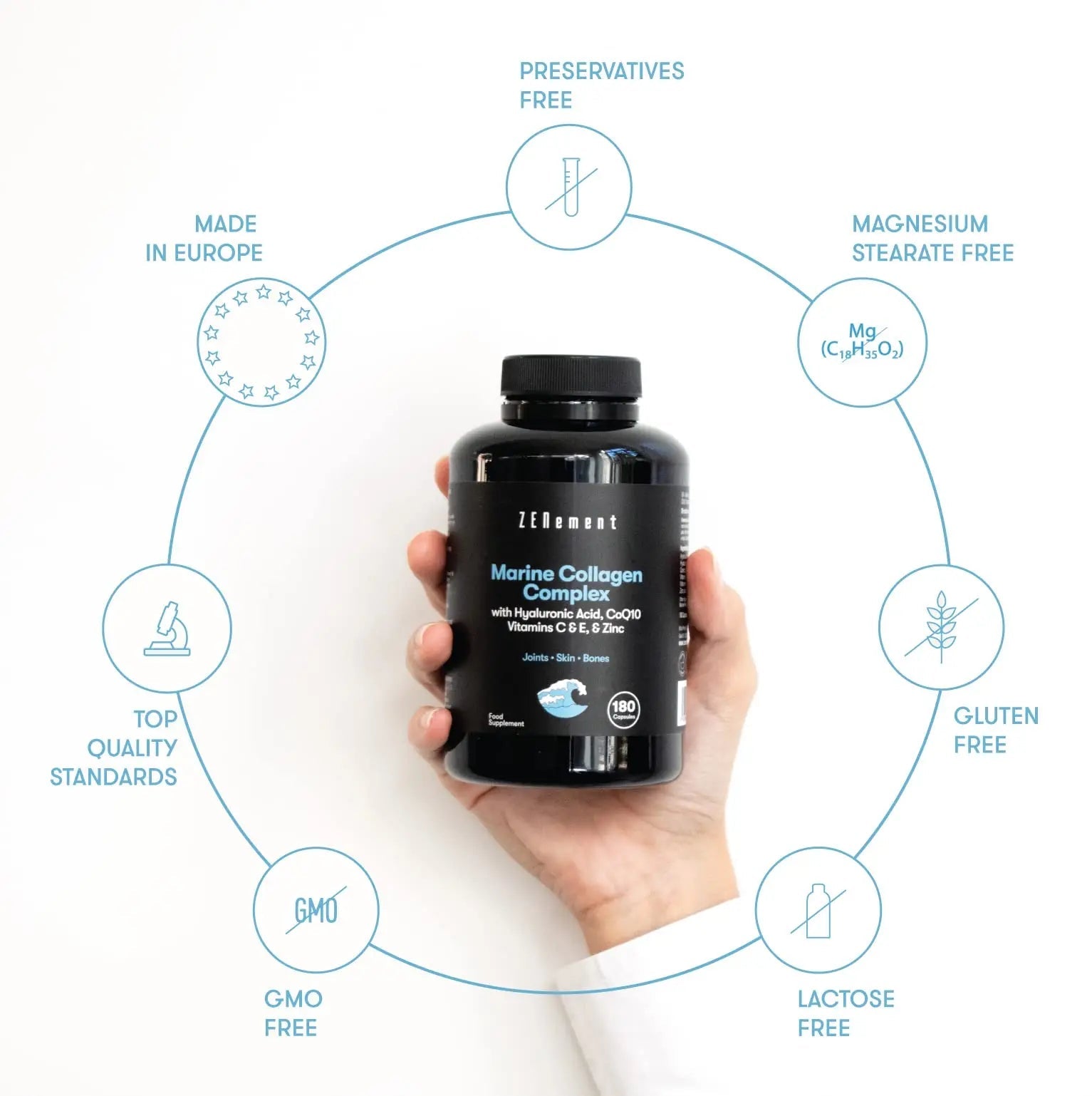 Marine Collagen Complex, with Hyaluronic Acid, CoQ10, Vitamins C & E, & Zinc, 180 Capsules Zenement Au supplements
