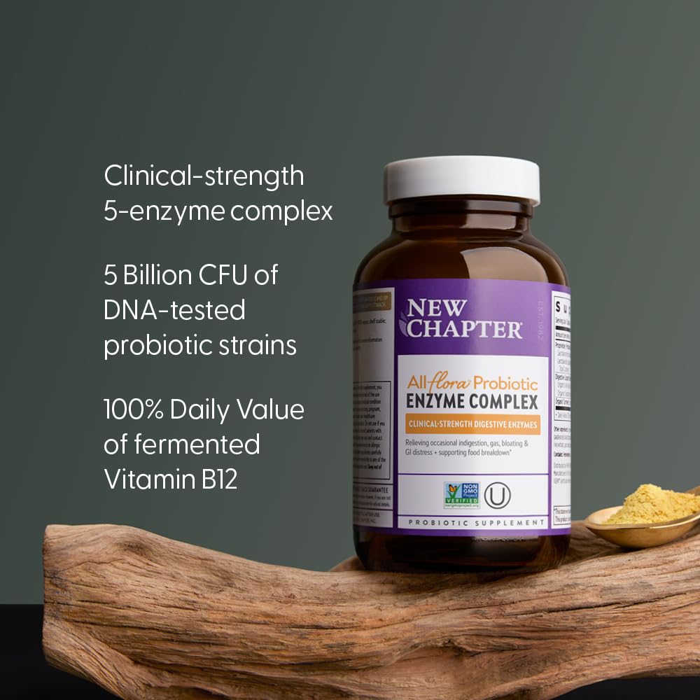 New Chapter All-Flora Enzyme Complex with Probiotics Relieves Bloating & Gas - Clinical-Strength Digestive Enzymes + Ultra-Concentrated Probiotics + Fermented Vitamin B12, 90 Vegan Capsules New Chapter Au supplements