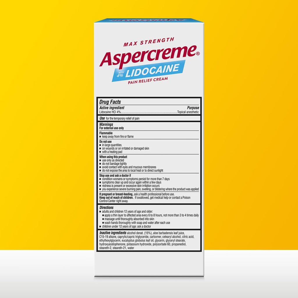 Aspercreme Essential Oils Lidocaine Pain Relief Cream, Max-Strength Lidocaine Numbs Away Nerve Pain, Moisturizing Aloe Hydrates Skin, Eucalyptus, 3 Oz. Aspercreme Au supplements