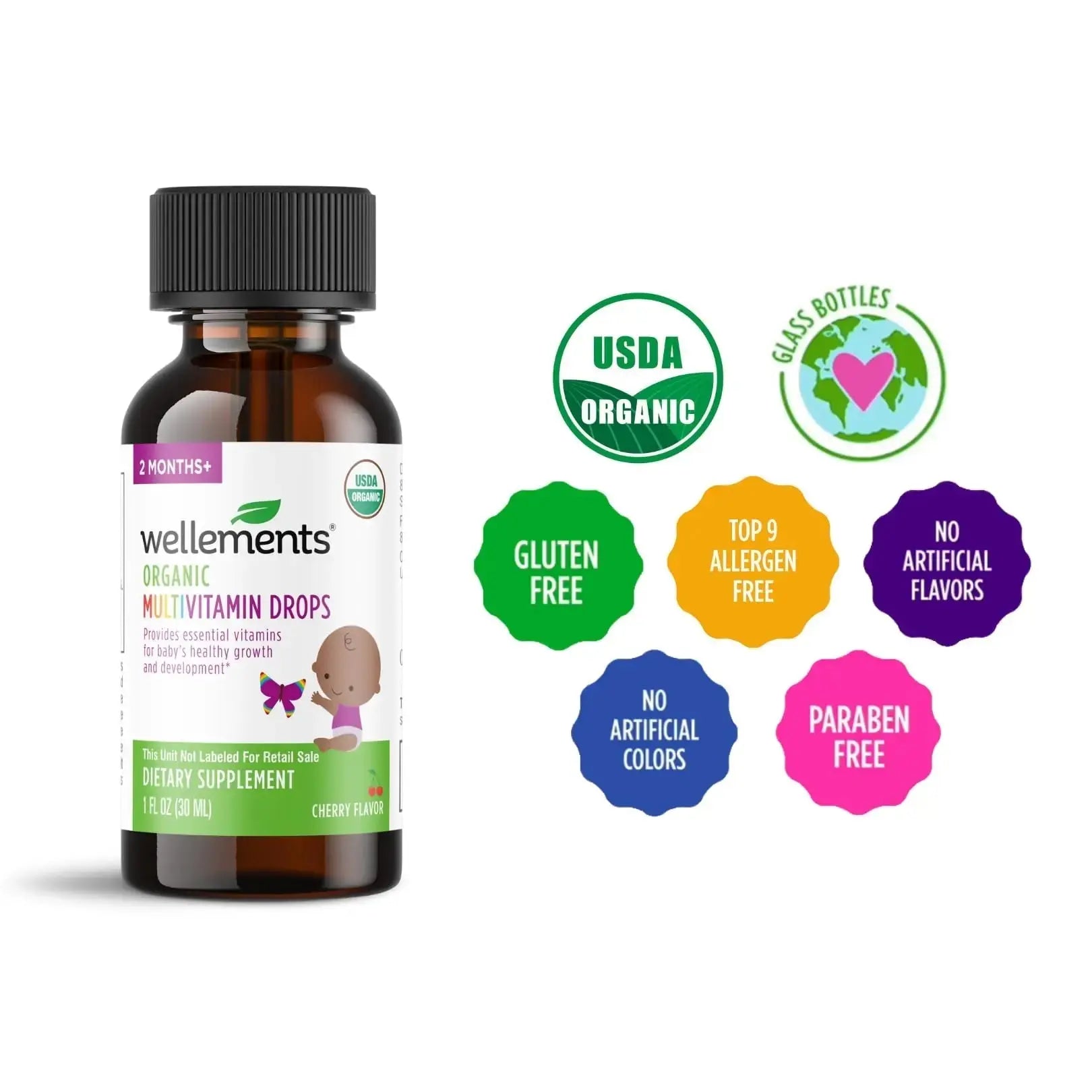Wellements Organic Baby Multivitamin Drops (1 Fl Oz) - Cherry Flavor Liquid Multivitamins for Infants & Toddlers (2 Months+) Wellements Au supplements