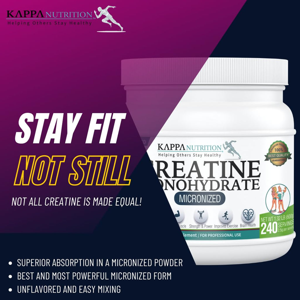 Kappa Nutrition Creatine Monohydrate Powder, Pure Amino Acid Formula, Supports Muscle Strength, Cellular Energy & Mental Focus* Gluten-Free, Keto, 2.25g per Scoop, 240 Servings, Net Wt. 1.32 LB (600g) KAPPA NUTRITION Au supplements
