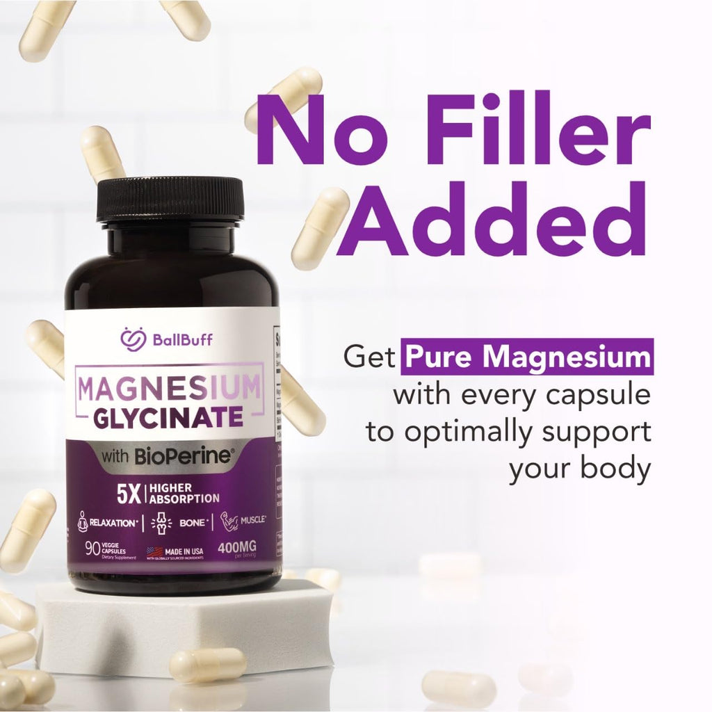 Pure Magnesium Glycinate 400mg - 5X Higher Absorption - Support Stress Relief, Sleep, Bone Health - 100% Chelated - Pure Magnesium Supplement
