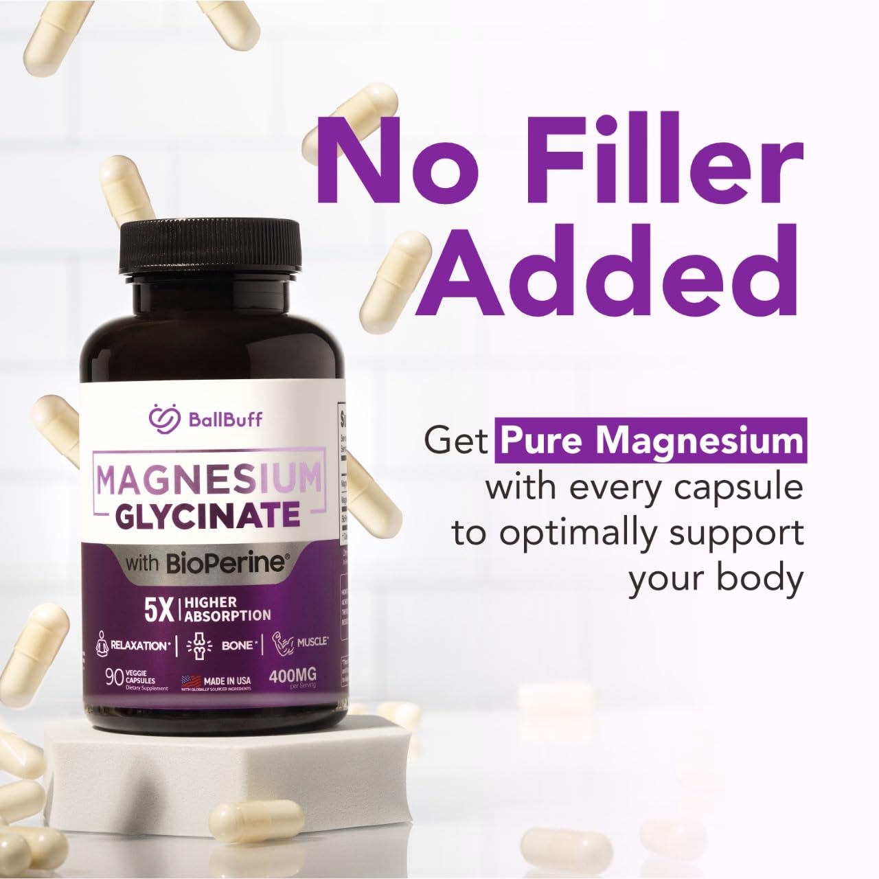 Pure Magnesium Glycinate 400mg - 5X Higher Absorption - Support Stress Relief, Sleep, Bone Health - 100% Chelated - Pure Magnesium Supplement
