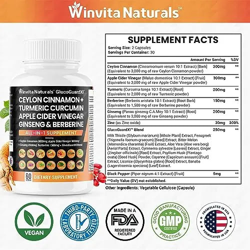 Ceylon Cinnamon 3000mg Apple Cider Vinegar 3000mg Turmeric 2000mg Panax Ginseng Winvita Naturals Au supplements