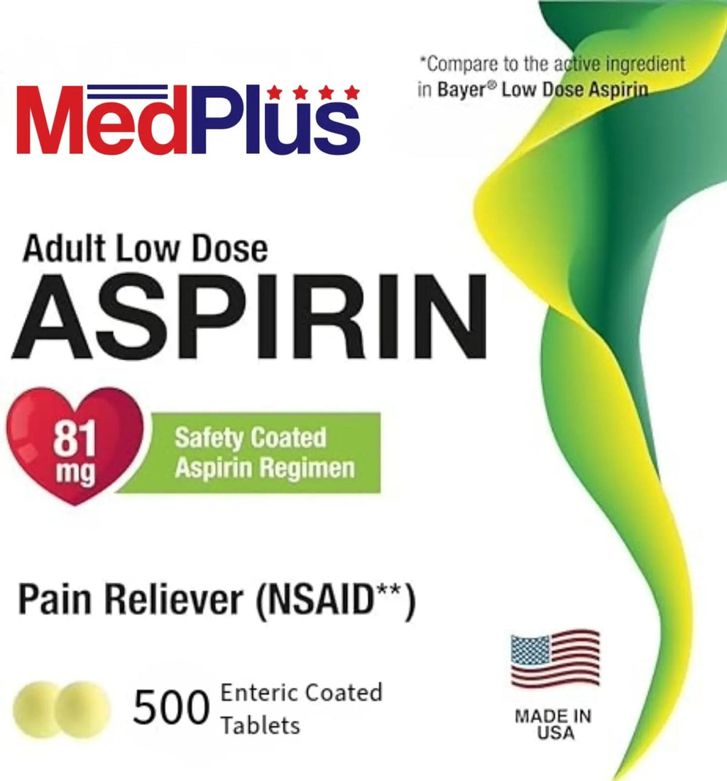 MedPlus Low Dose Aspirin 81 mg - 500 Tablets | Enteric Coated | Pain Reliever for Minor Aches and Pains, Fever Reducer - Made in USA MedPlus Au supplements